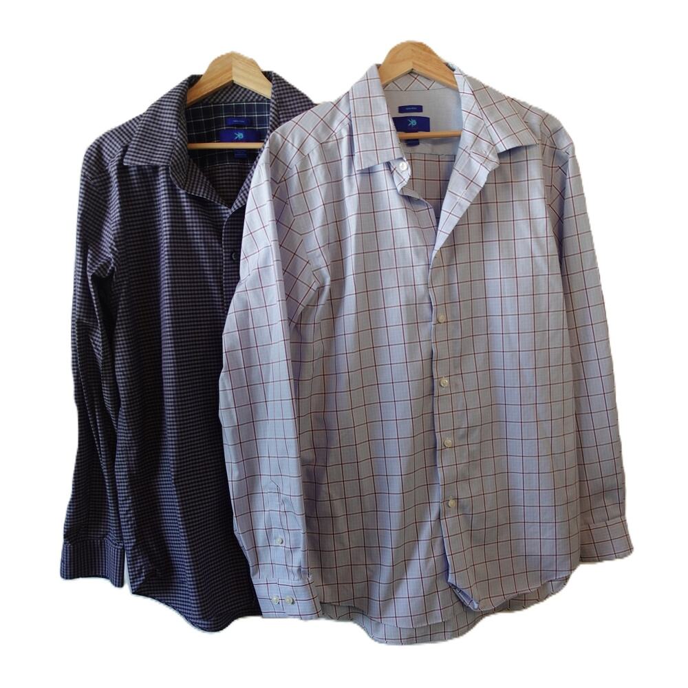 Egara Shirt Bundle Mens‎ Large Blue Red Plaid Check Non Iron Long Sleeve Cotton